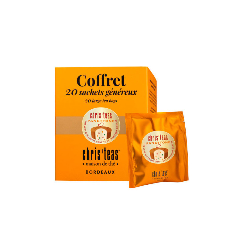 Coffret 20 sachets généreux du thé "Panettone", un thé vert aux fruits confits, nougatine et noix