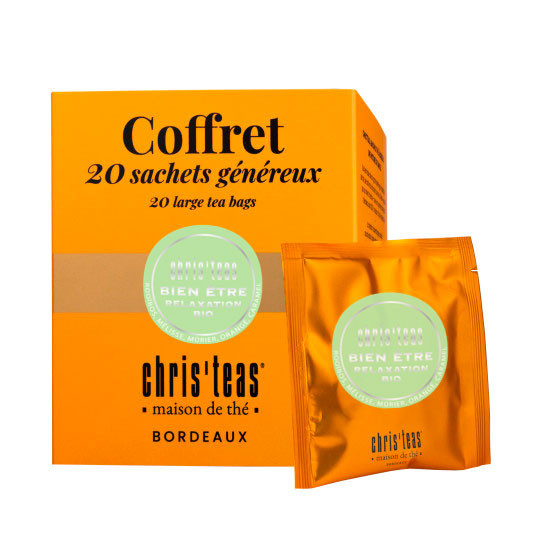 Coffret de 20 sachets généreux de l'assemblage en vrac de Bien-Être Relaxation, un rooïbos à la saveur de caramel