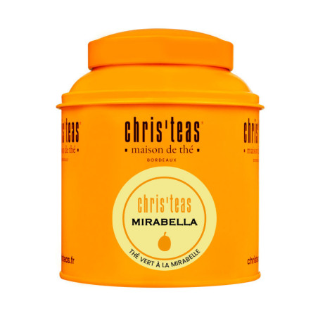Boite Chris'teas 125 g du thé Mirabella : un thé vert à la mirabelle à l'orange