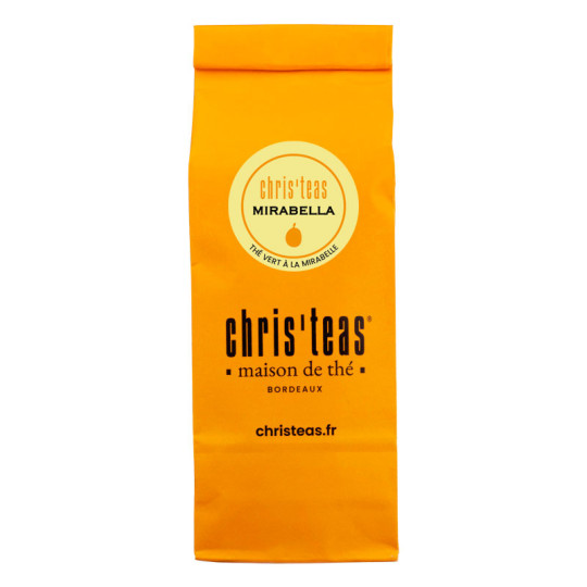 Pochette Chris'teas 100 g du thé Mirabella : un thé vert à la mirabelle à l'orange