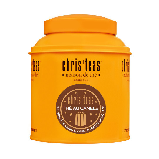 Boîte Chris'Teas avec 150 g de thé noir au canelé, rhum, vanille, caramel croquant