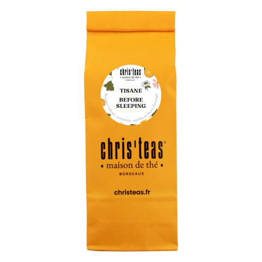 Pochette Chris'teas de 100g du thé en vrac "Before sleeping" : une tisane à la camomille, menthe et fleurs d'oranger