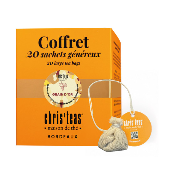 Coffret 20 sachets généreux du thé Grain d'Or, un thé blanc au litchi, morceaux de pêche, et baies d'aronia