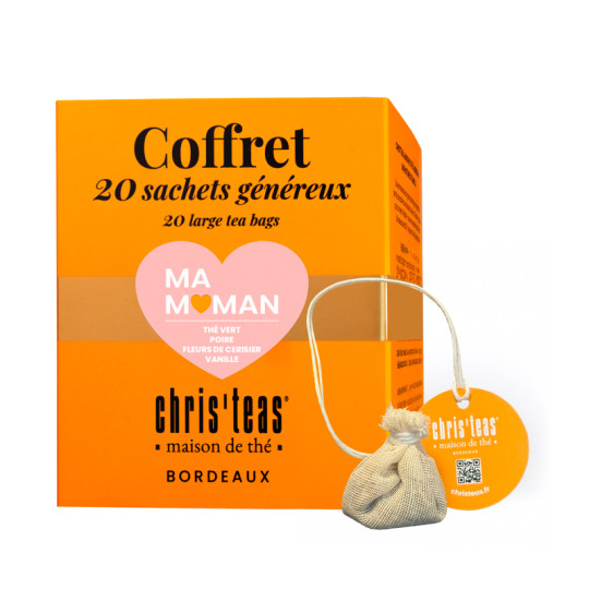 Coffret de 20 sachets généreux du thé "Ma Maman", un thé vert Sencha à la poire, vanille et fleurs de cerisier