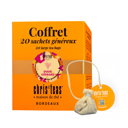Coffret 20 sachets généreux du thé Doux Cépages : un thé vert à la cerise, groseille, framboise et fraises des bois