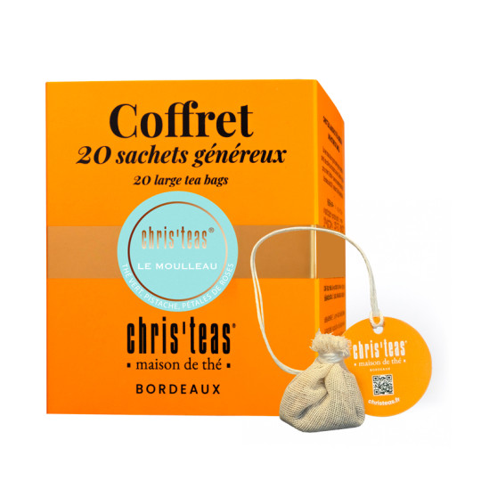 Coffret 20 sachets généreux du thé "Le Moulleau", un thé vert à la pistache et pétales de rose