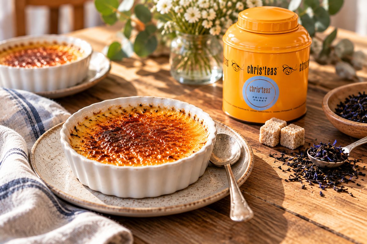 Crème brûlée à l'Earl Grey Chris'teas en ramequin, croûte de caramel dorée, avec la boîte de thé Prince Harry et des feuilles de thé aux pétales de bleuet