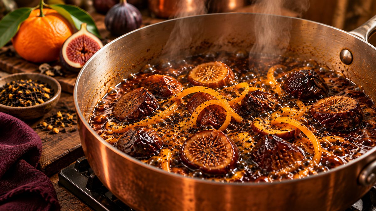 Figues sèches et rubans de zeste de mandarine mijotant dans le jus au thé noir Grand Hôtel Chris'teas, dans une sauteuse en cuivre