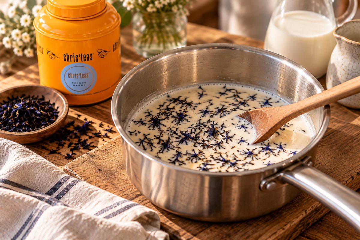 Lait et crème en train d'infuser avec les feuilles de thé Earl Grey Prince Harry et leurs pétales de bleuet, dans une casserole, à côté de la boîte Chris'teas