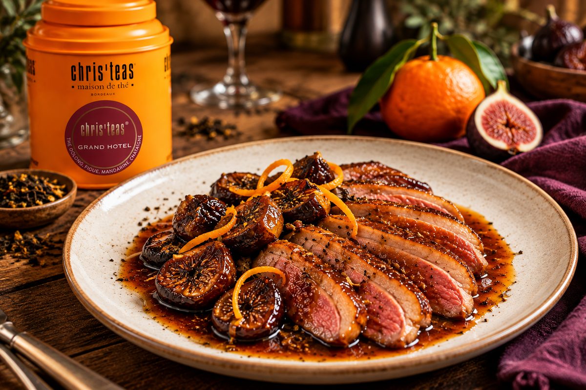 Magret de canard aux figues tranché, nappé de sauce à la mandarine et au thé Grand Hôtel, servi à côté de la boîte de thé Chris'teas
